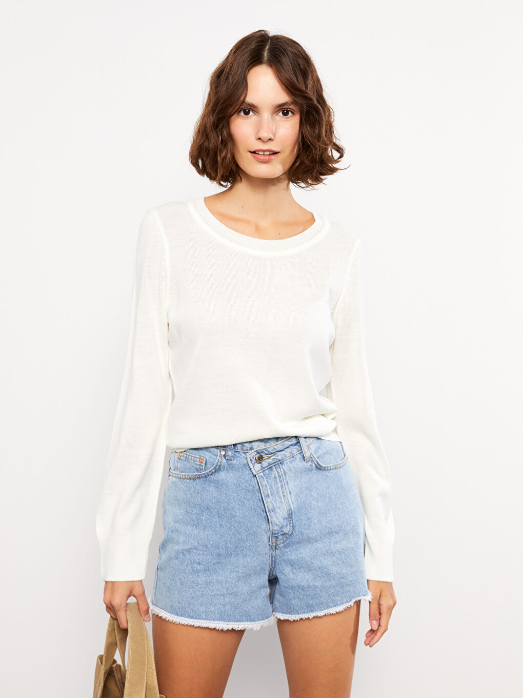 Ekru Bisiklet Yaka Düz Uzun Kollu Kadın Triko Kazak-2