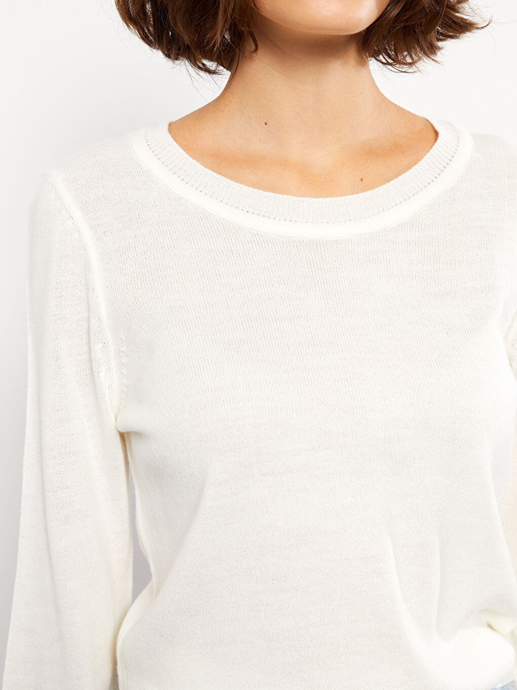 Ekru Bisiklet Yaka Düz Uzun Kollu Kadın Triko Kazak-3