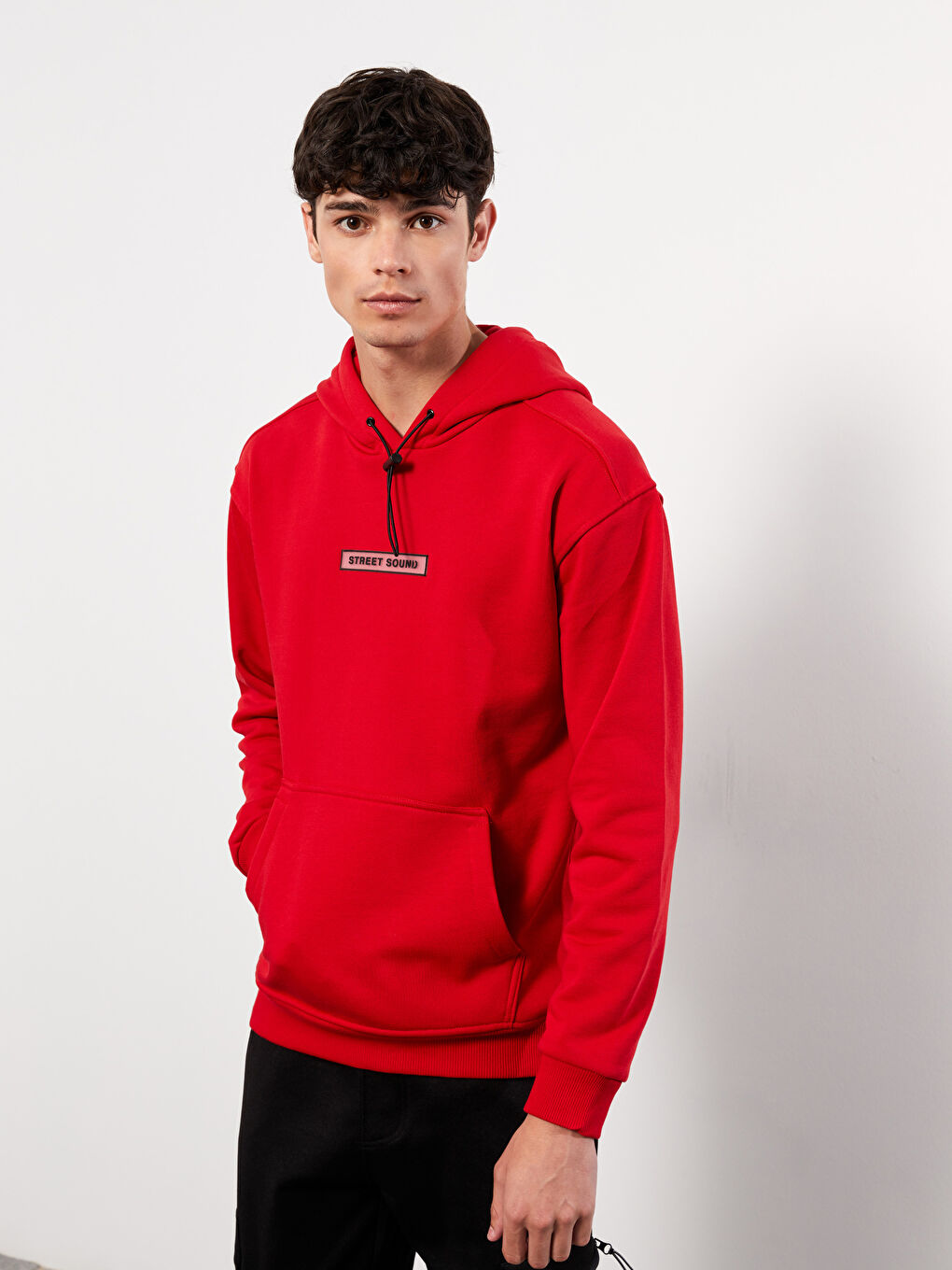 Kırmızı Oversize Uzun Kollu Baskılı Erkek Kalın Hoodie-1
