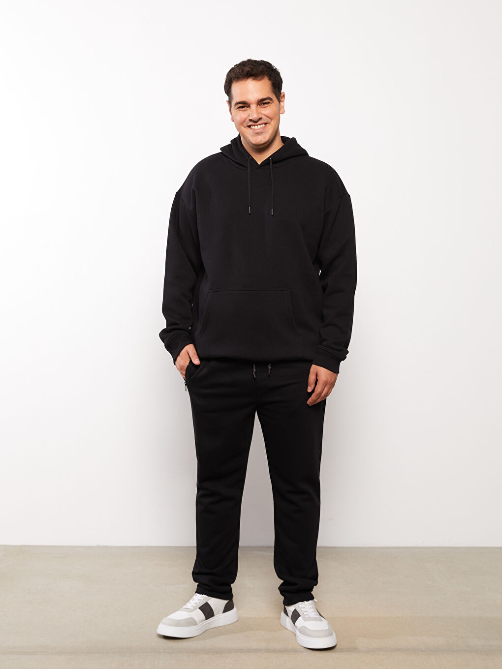 Siyah Slim Fit Büyük Beden Erkek Kalın Eşofman Altı-1