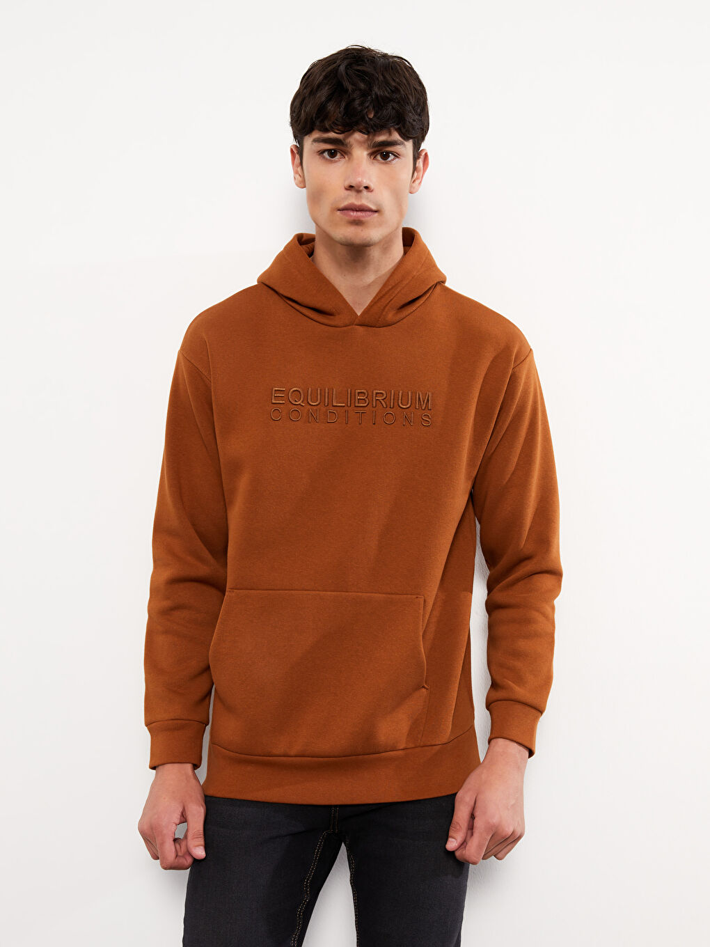 LCW Casual Kahverengi Uzun Kollu Nakışlı Erkek Kalın Hoodie - 1