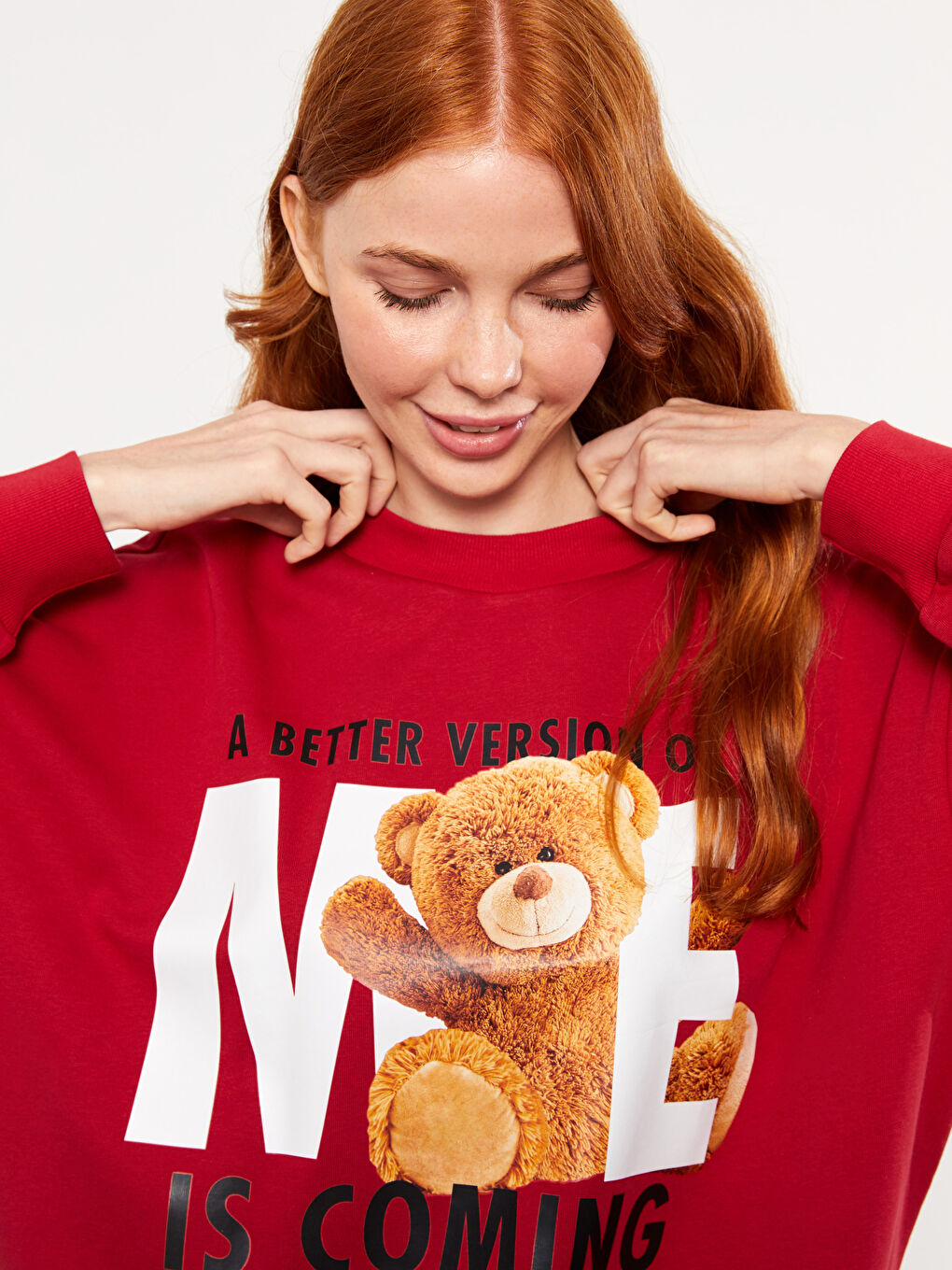 Kırmızı Bisiklet Yaka Baskılı Uzun Kollu Kadın Sweatshirt