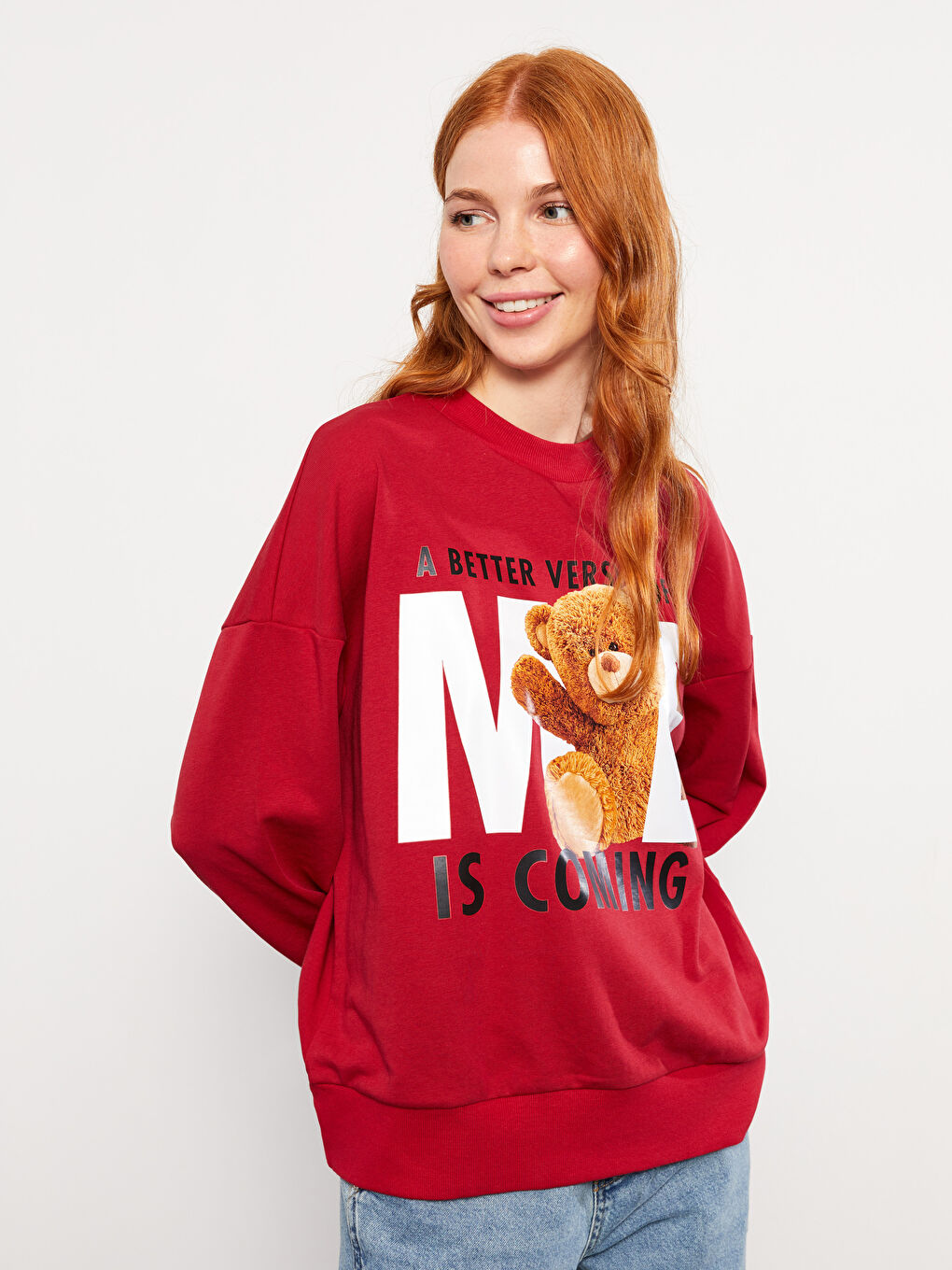 Kırmızı Bisiklet Yaka Baskılı Uzun Kollu Kadın Sweatshirt-1