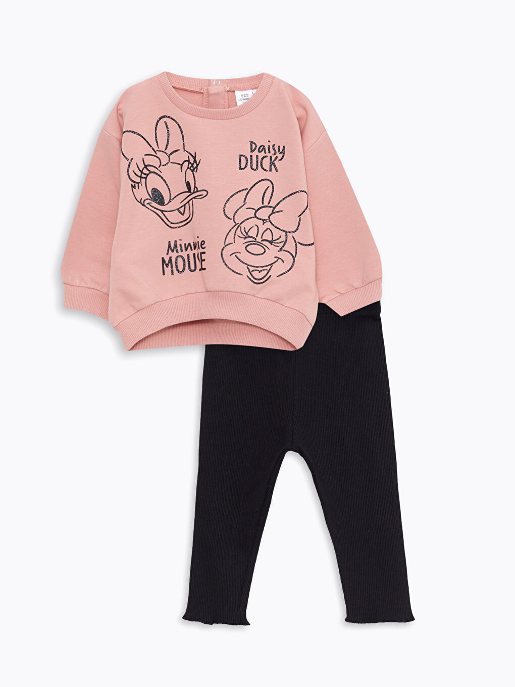 LCW baby Pembe Bisiklet Yaka Uzun Kollu Minnie Mouse Baskılı Kız Bebek Sweatshirt ve Tayt 2'li Takım