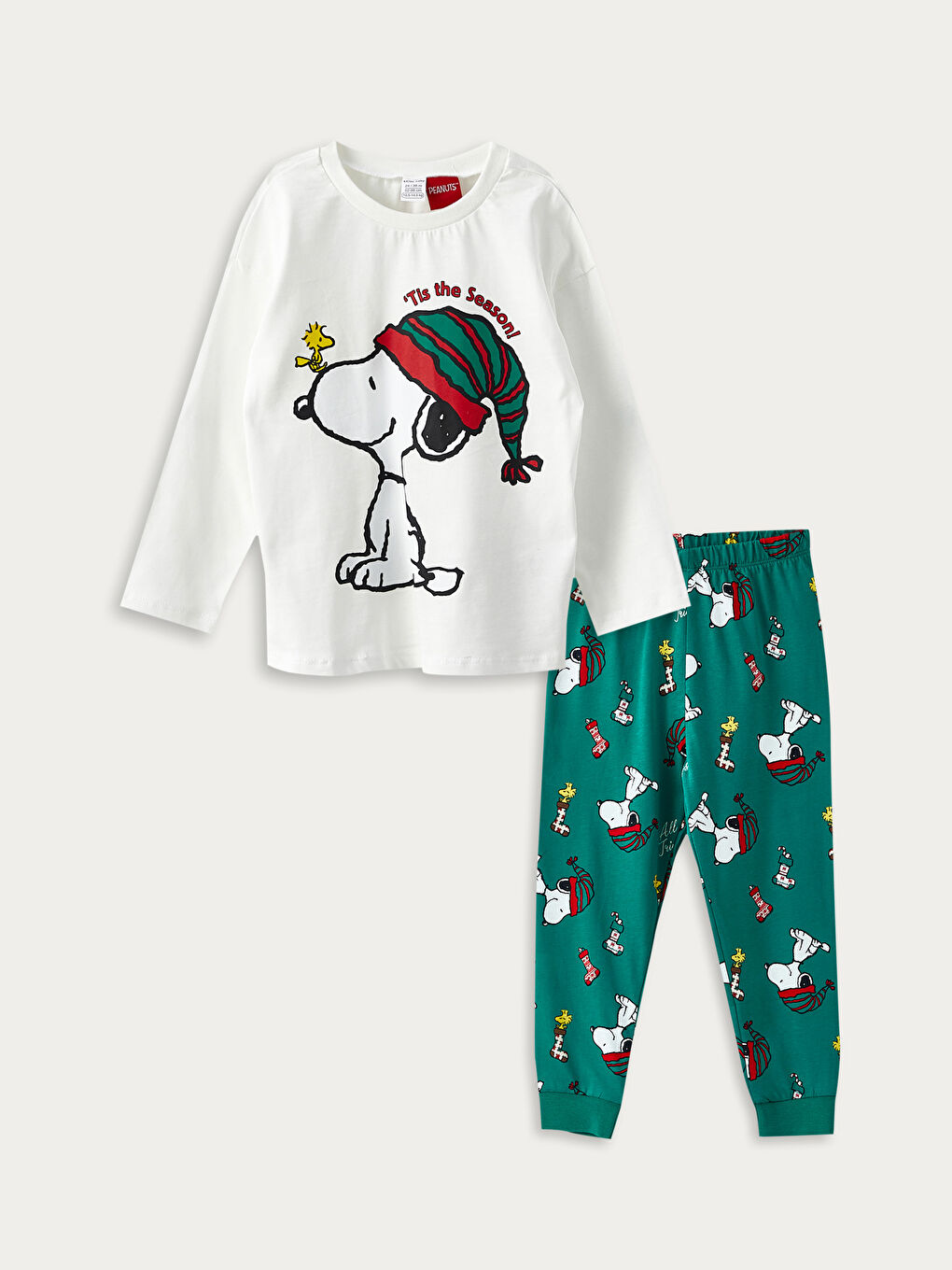 LCW baby Ekru Bisiklet Yaka Uzun Kollu Snoopy Baskılı Erkek Bebek Pijama Takım