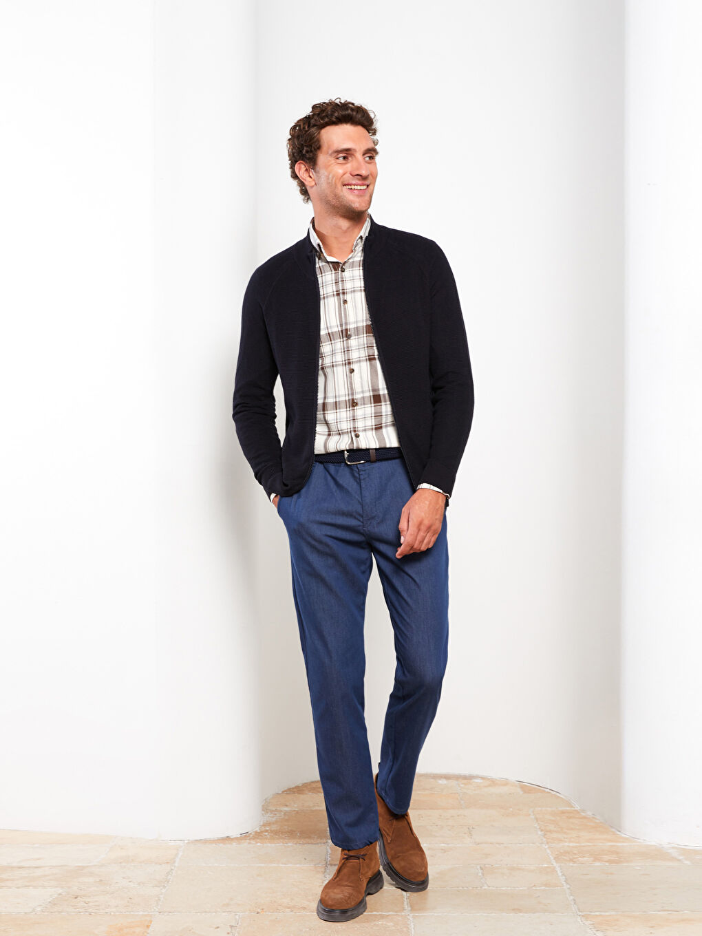 Lacivert Standart Kalıp Dik Yaka Erkek Triko Hırka-1