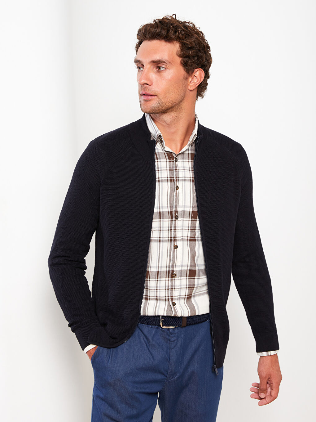 Lacivert Standart Kalıp Dik Yaka Erkek Triko Hırka-2