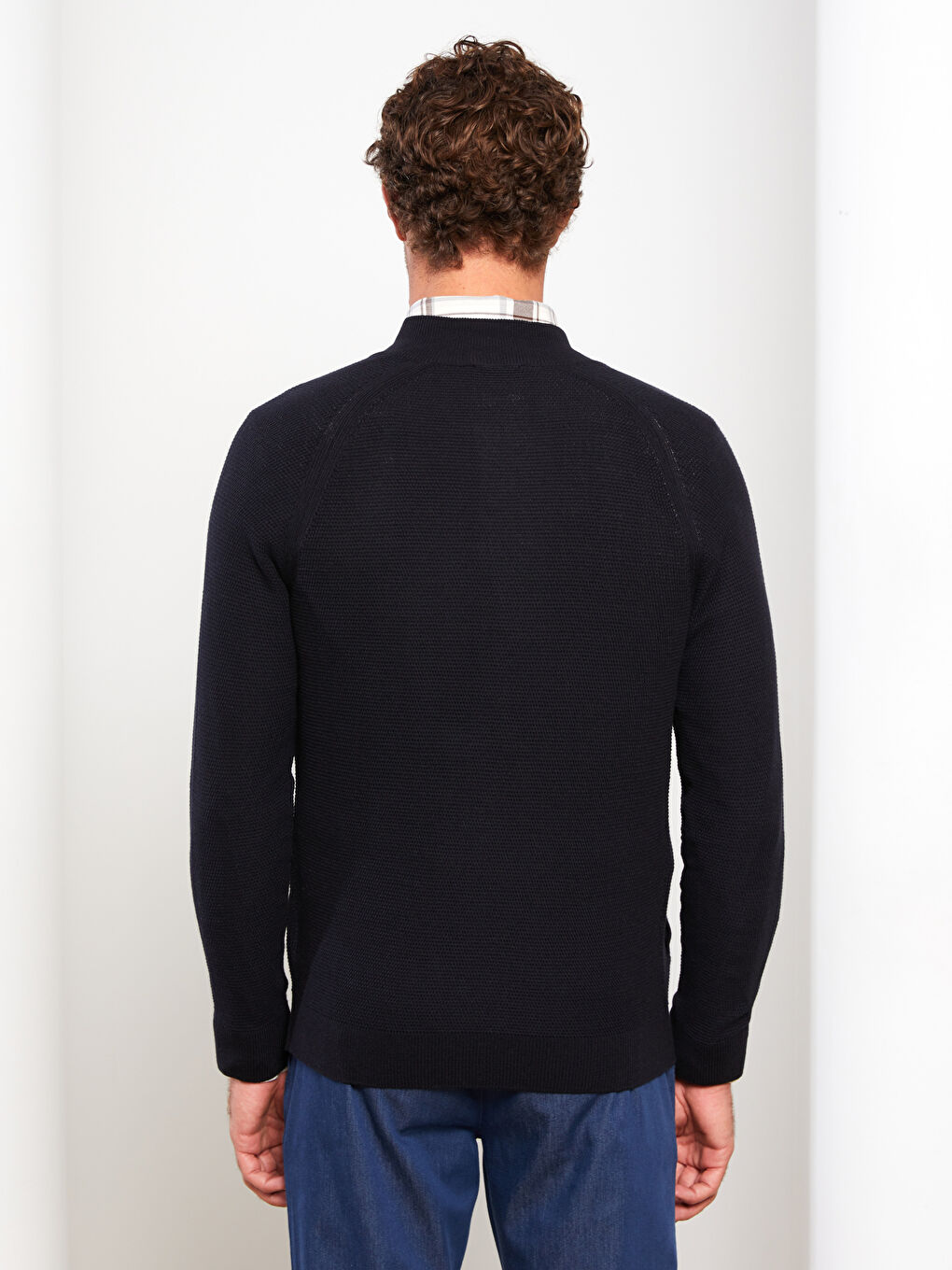 Lacivert Standart Kalıp Dik Yaka Erkek Triko Hırka-4