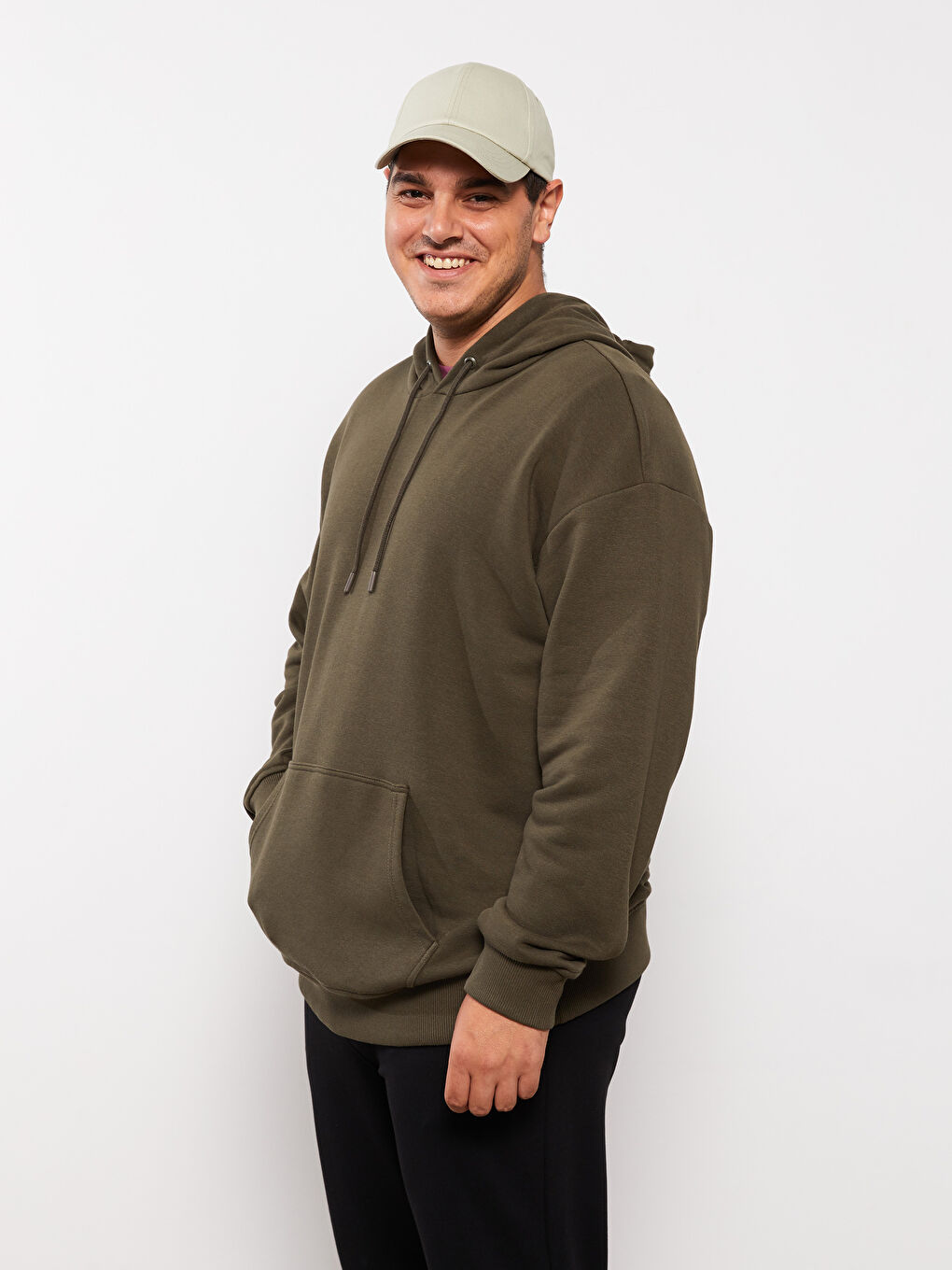 Haki Uzun Kollu Büyük Beden Erkek Hoodie