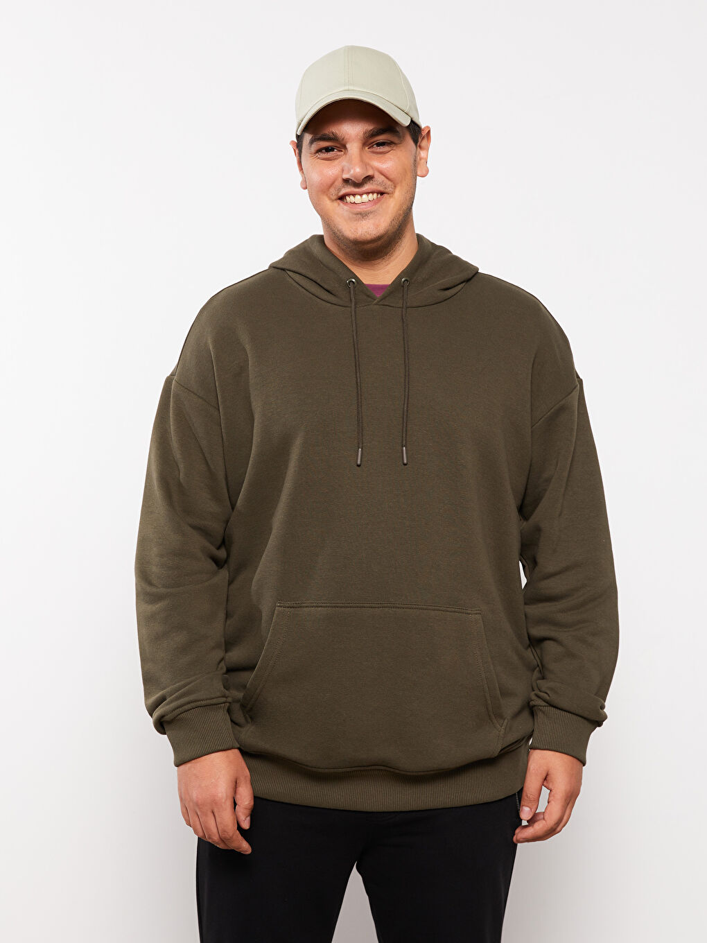 Haki Uzun Kollu Büyük Beden Erkek Hoodie-1