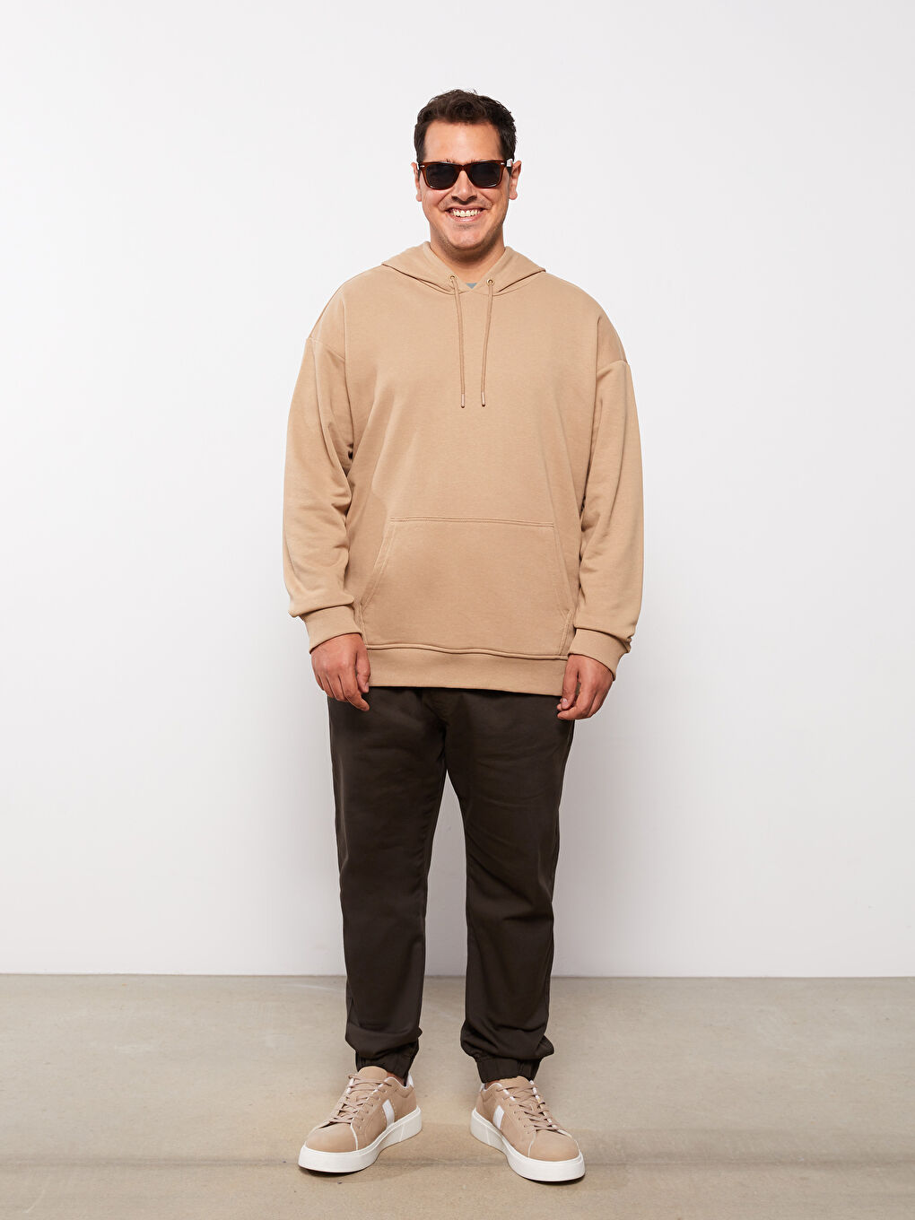 Bej Uzun Kollu Büyük Beden Erkek Hoodie-2