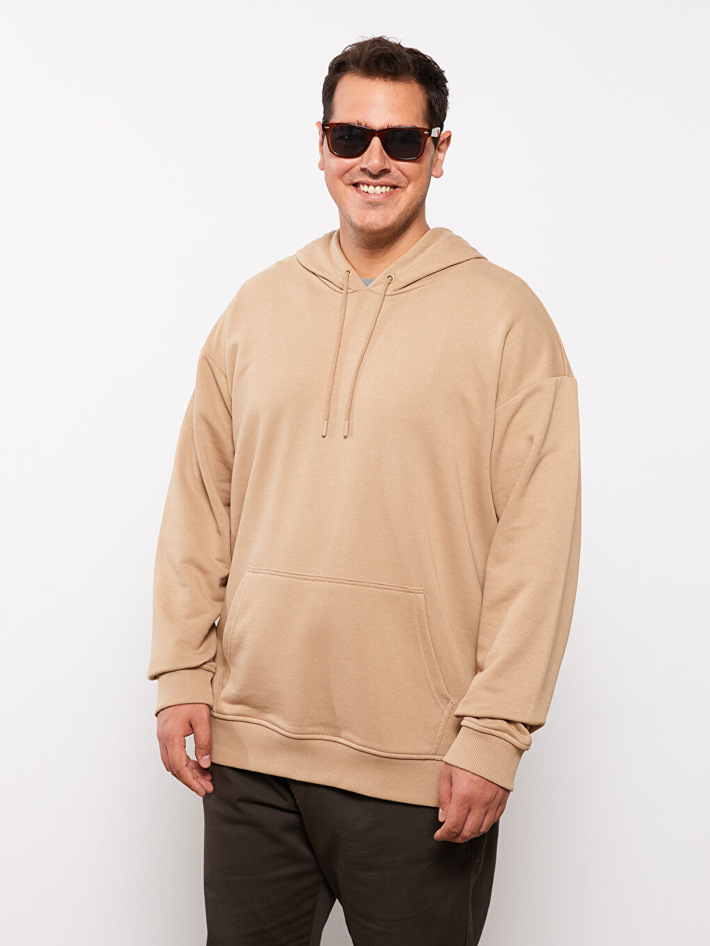 Bej Uzun Kollu Büyük Beden Erkek Hoodie-4