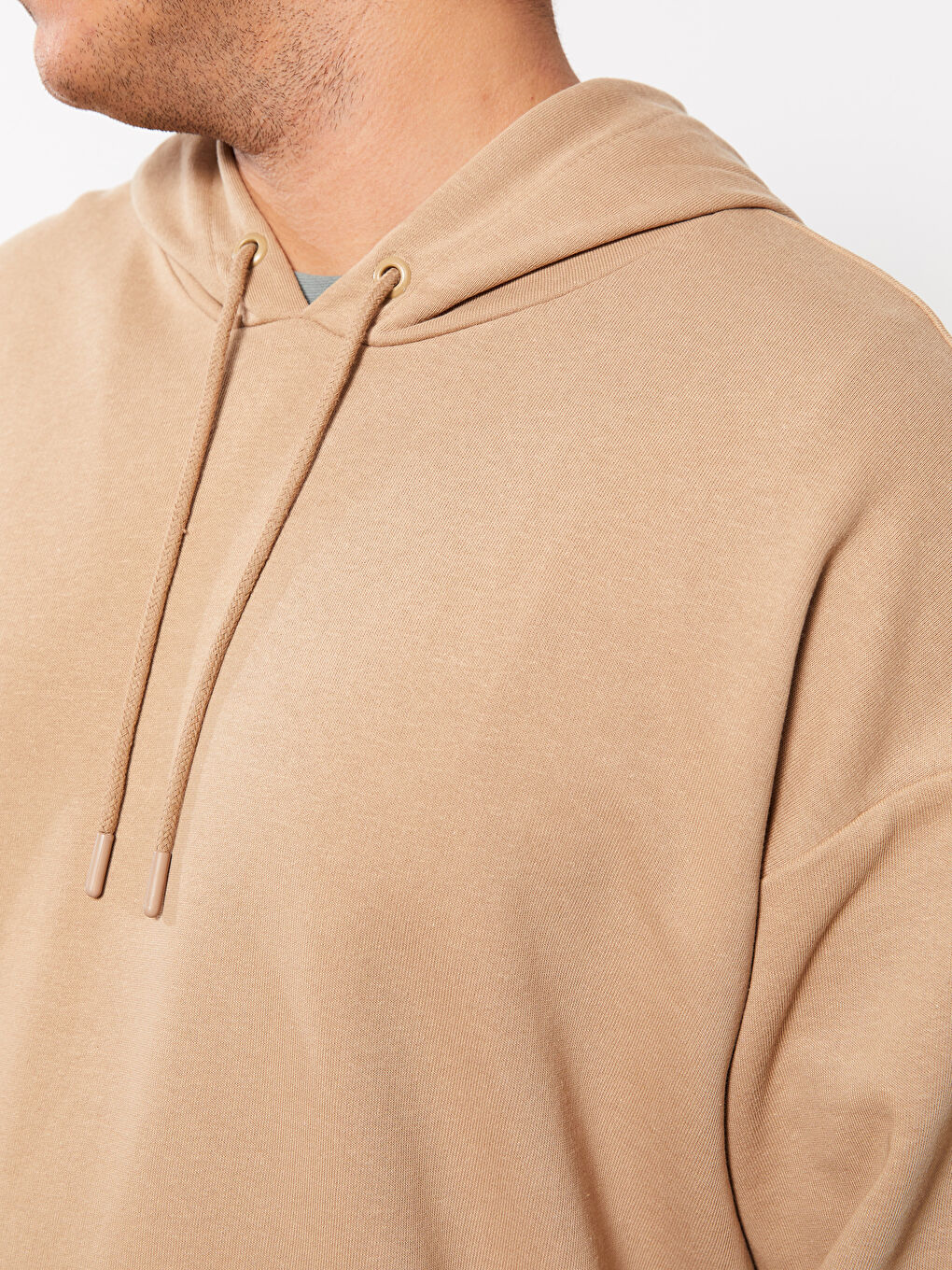 Bej Uzun Kollu Büyük Beden Erkek Hoodie-5