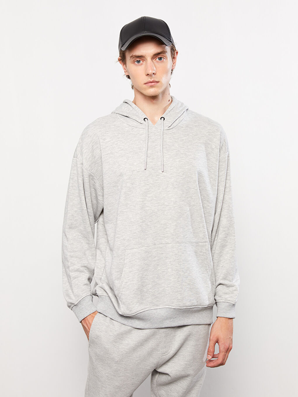 Gri Uzun Kollu Büyük Beden Erkek Hoodie-5