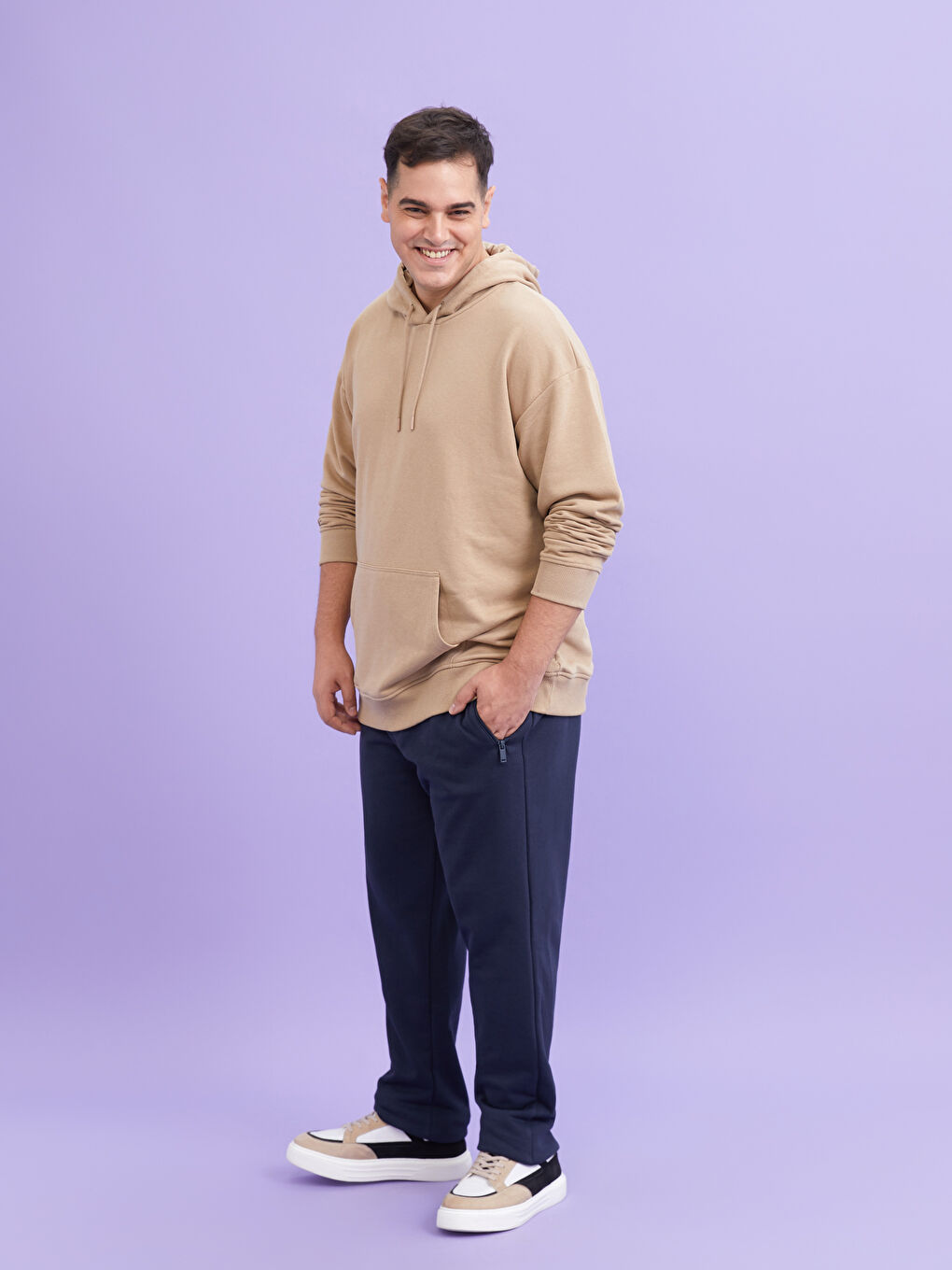 Bej Uzun Kollu Büyük Beden Erkek Hoodie-1