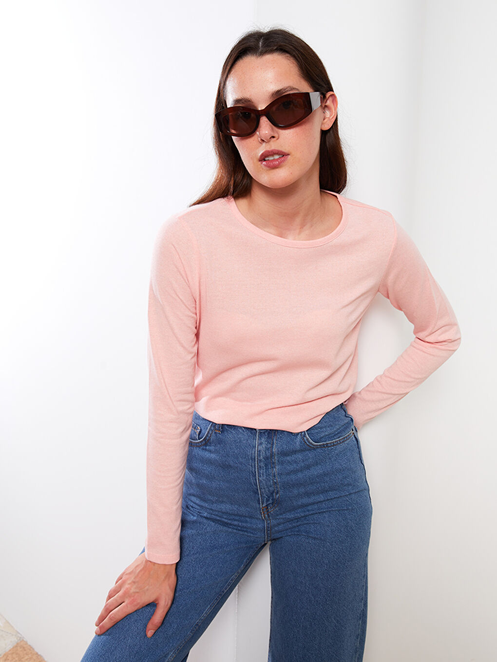 LCW ECO Rundhalsausschnitt Schlicht Langarm Damen T-Shirt -W2CA00Z8-JSK
