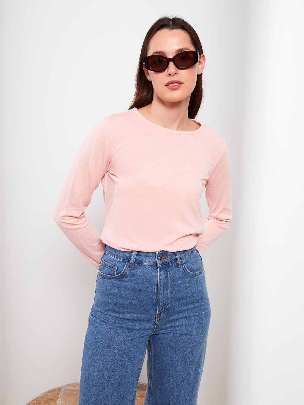 LCW ECO Rundhalsausschnitt Schlicht Langarm Damen T-Shirt -W2CA00Z8-JSK