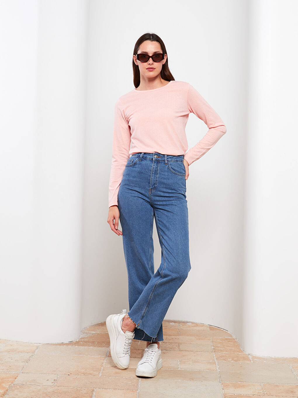 LCW ECO Rundhalsausschnitt Schlicht Langarm Damen T-Shirt -W2CA00Z8-JSK