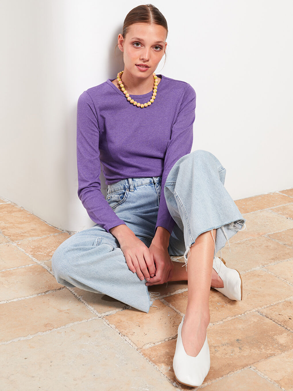 Mor Bisiklet Yaka Düz Uzun Kollu Kadın Tişört