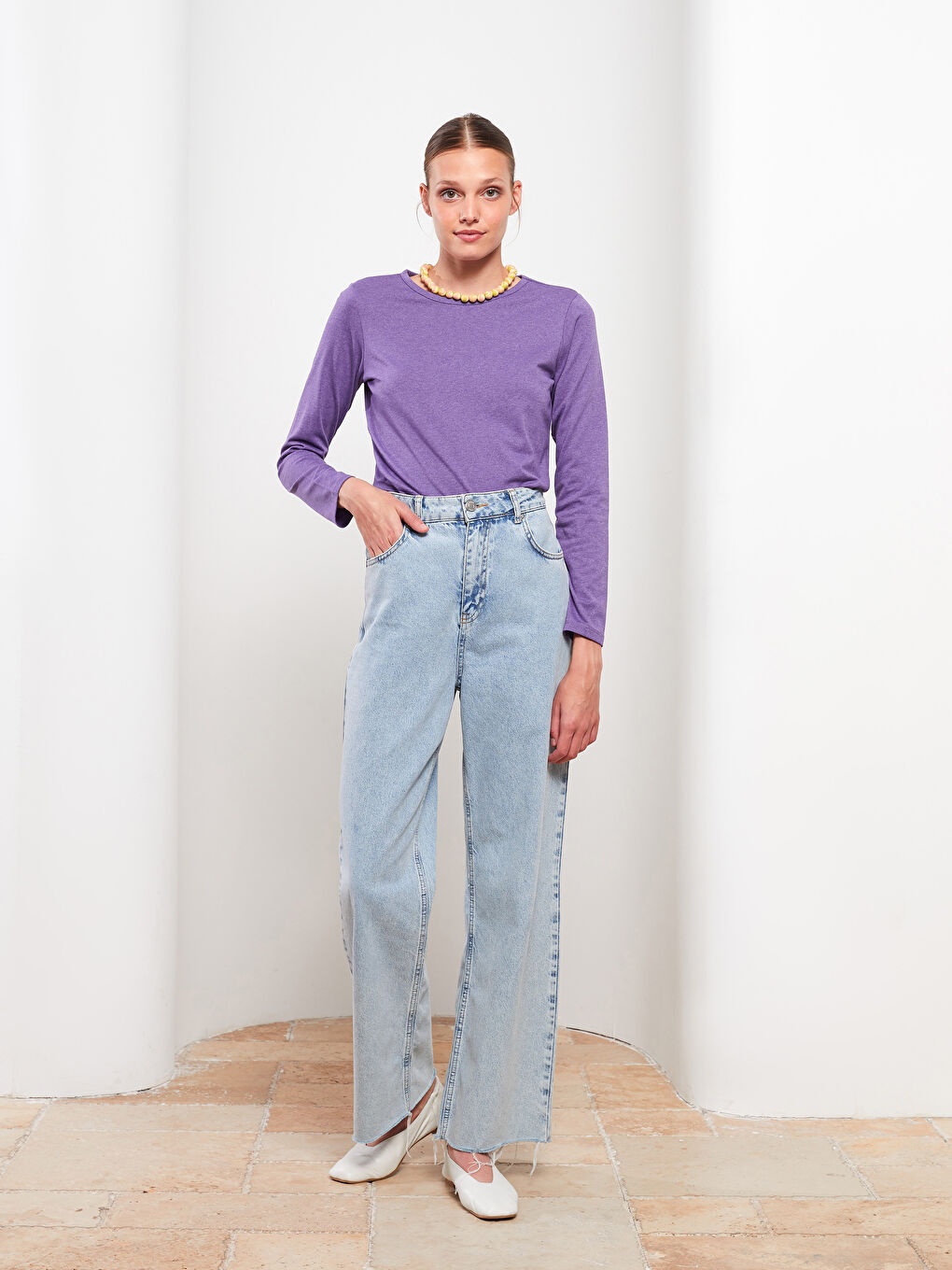 Mor Bisiklet Yaka Düz Uzun Kollu Kadın Tişört-2