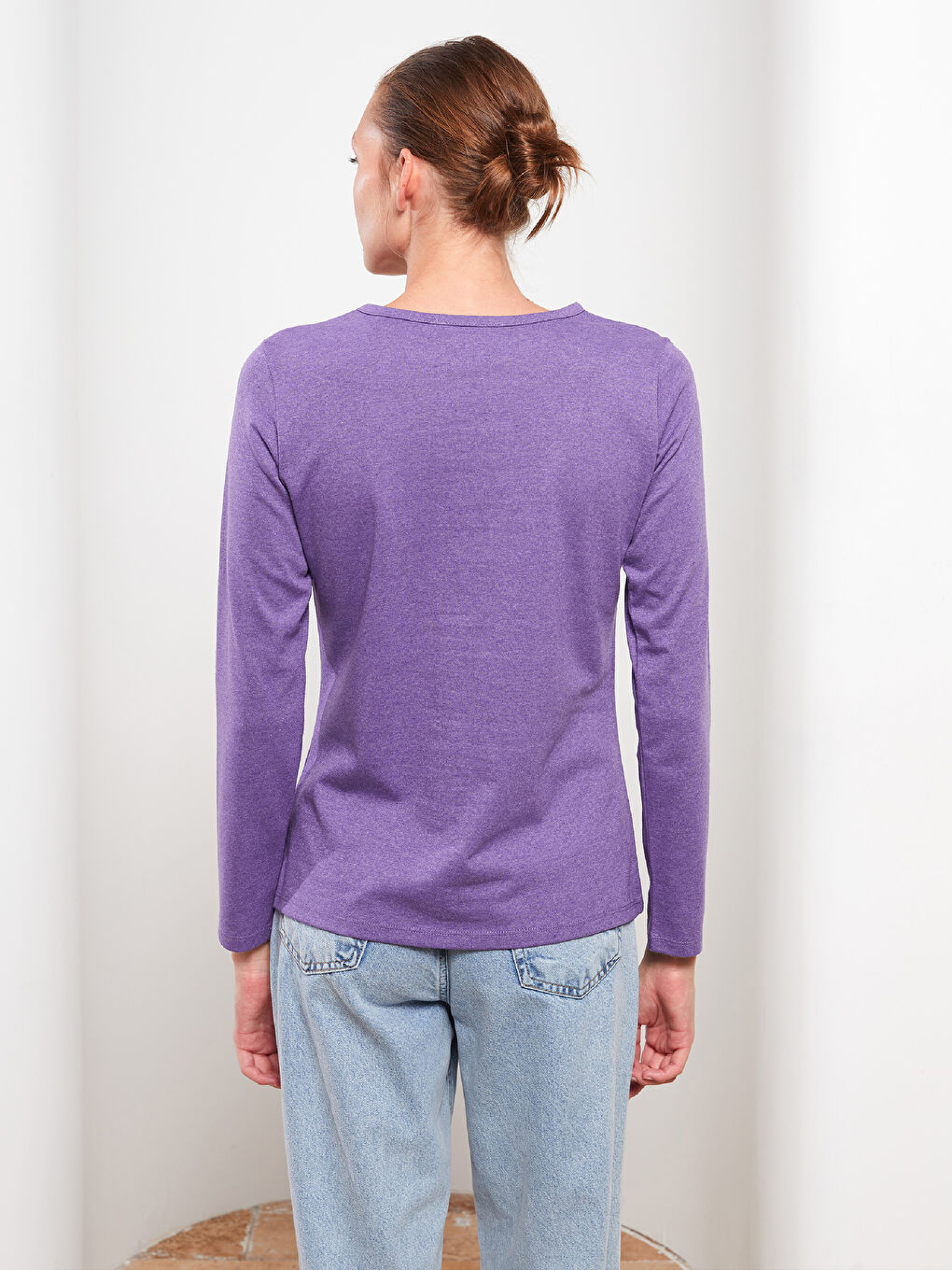 Mor Bisiklet Yaka Düz Uzun Kollu Kadın Tişört-4