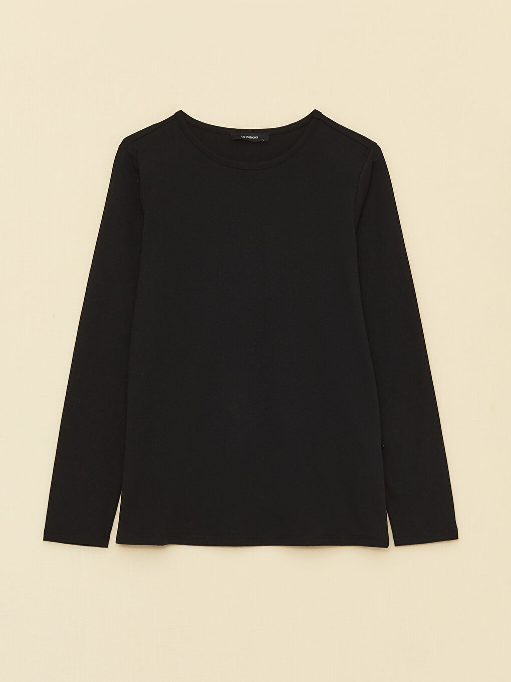 Siyah Bisiklet Yaka Düz Uzun Kollu Kadın Tişört-5