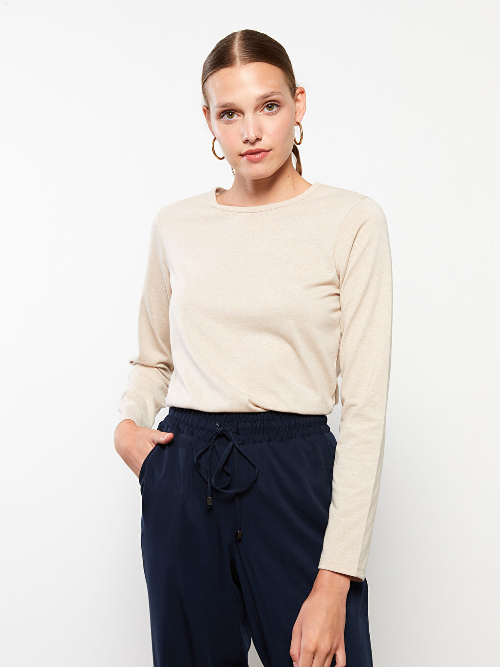 Bej Bisiklet Yaka Düz Uzun Kollu Kadın Tişört-2