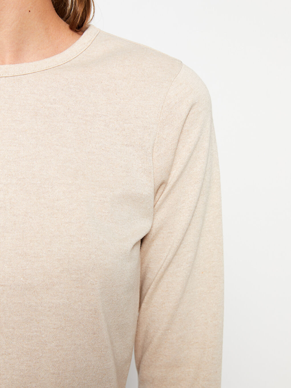 Bej Bisiklet Yaka Düz Uzun Kollu Kadın Tişört-3