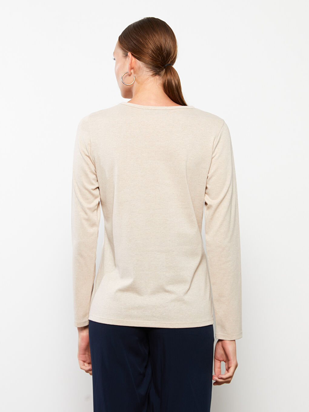 Bej Bisiklet Yaka Düz Uzun Kollu Kadın Tişört-4