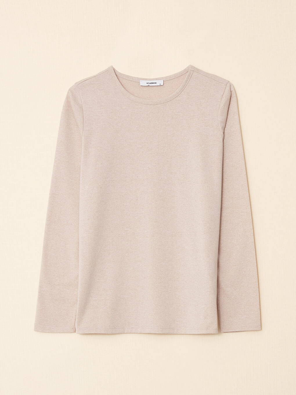 Bej Bisiklet Yaka Düz Uzun Kollu Kadın Tişört-5