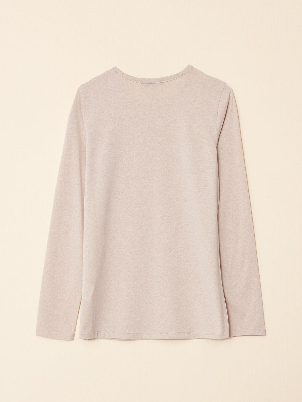 Bej Bisiklet Yaka Düz Uzun Kollu Kadın Tişört-6