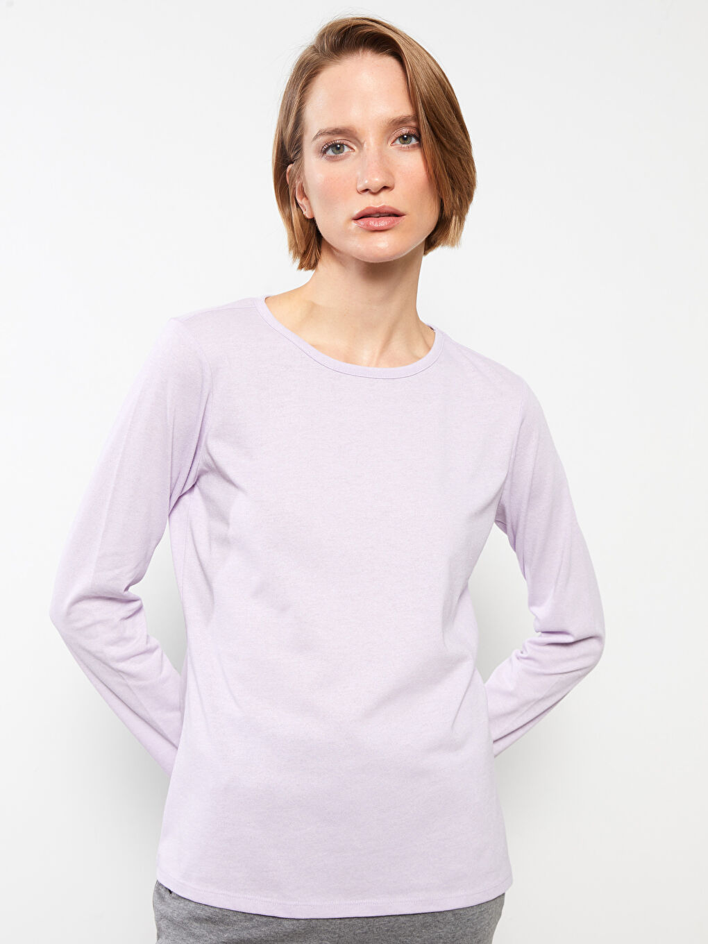 Crew Neck Plain Long Sleeve Women's T-Shirt-1