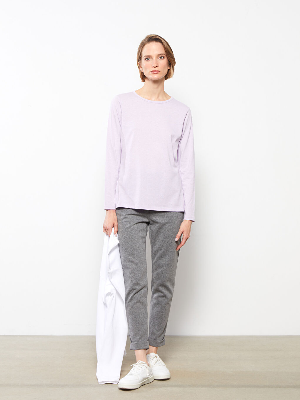 Crew Neck Plain Long Sleeve Women's T-Shirt-2