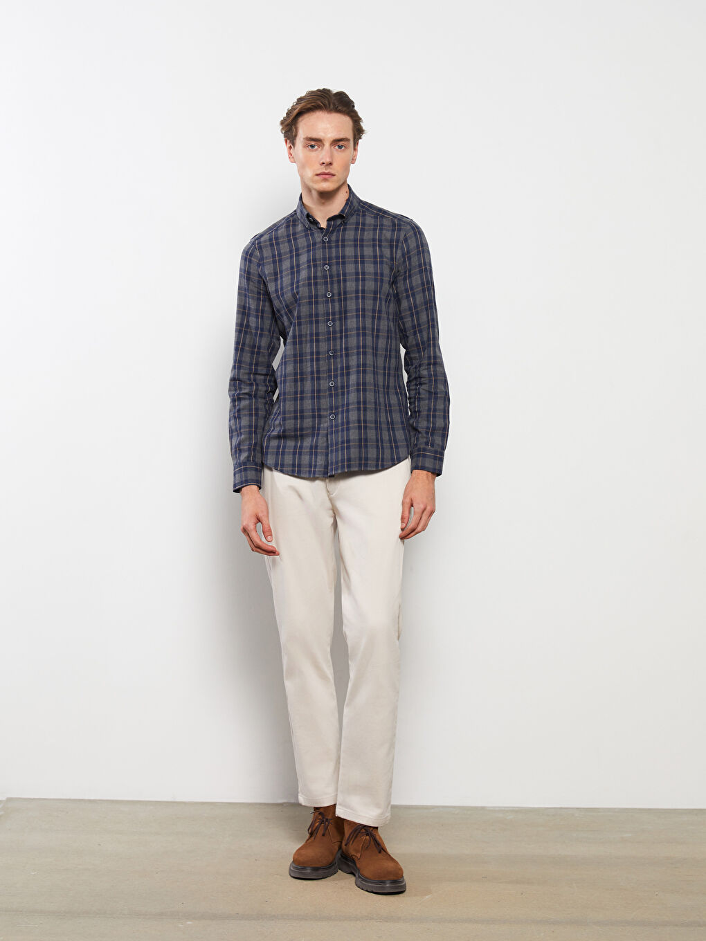 Gri Slim Fit Uzun Kollu Ekose Gabardin Erkek Gömlek-2