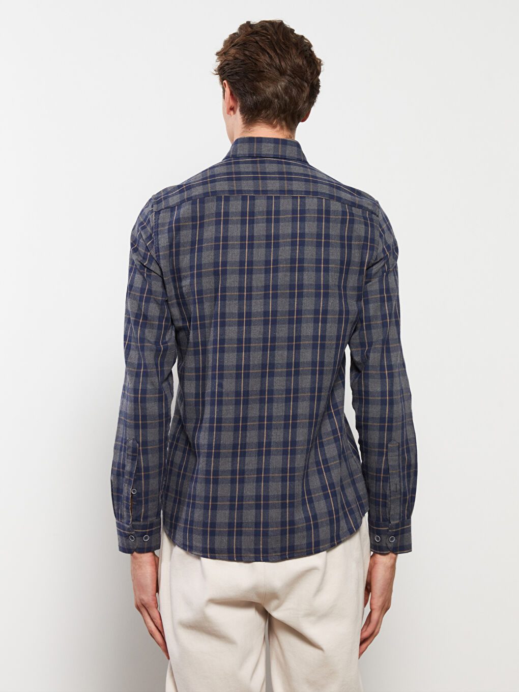 Gri Slim Fit Uzun Kollu Ekose Gabardin Erkek Gömlek-4