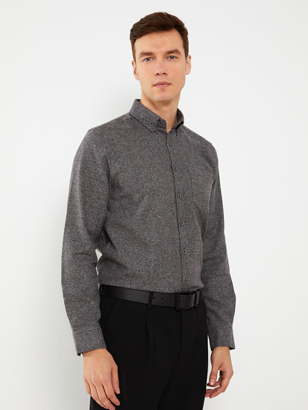 Gri Regular Fit Uzun Kollu Erkek Gömlek-1