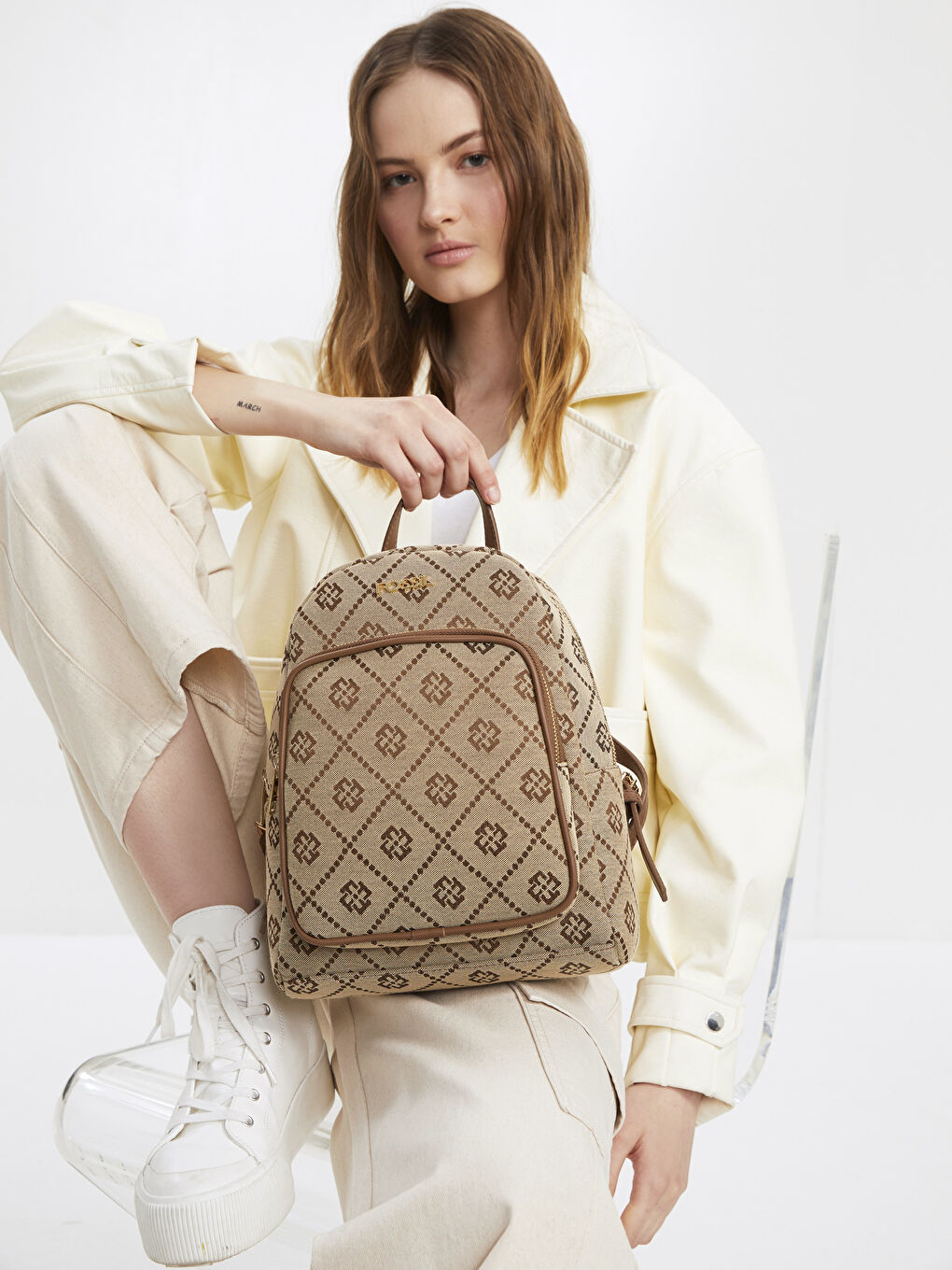 Kahverengi Fossil Desenli Kadın Sırt Çantası