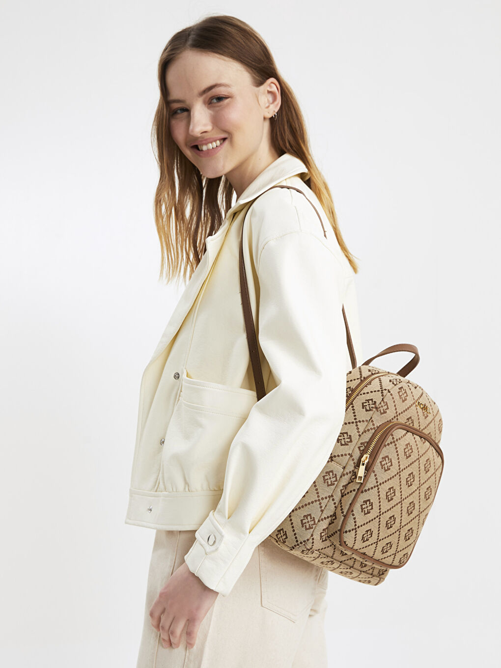 Kahverengi Fossil Desenli Kadın Sırt Çantası-1