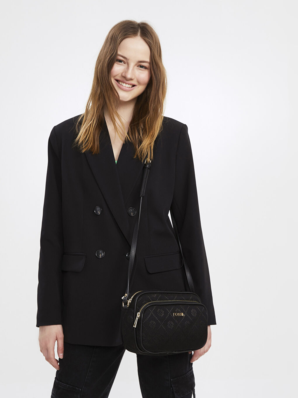 Siyah Fossil Desenli Kadın Çapraz Çanta