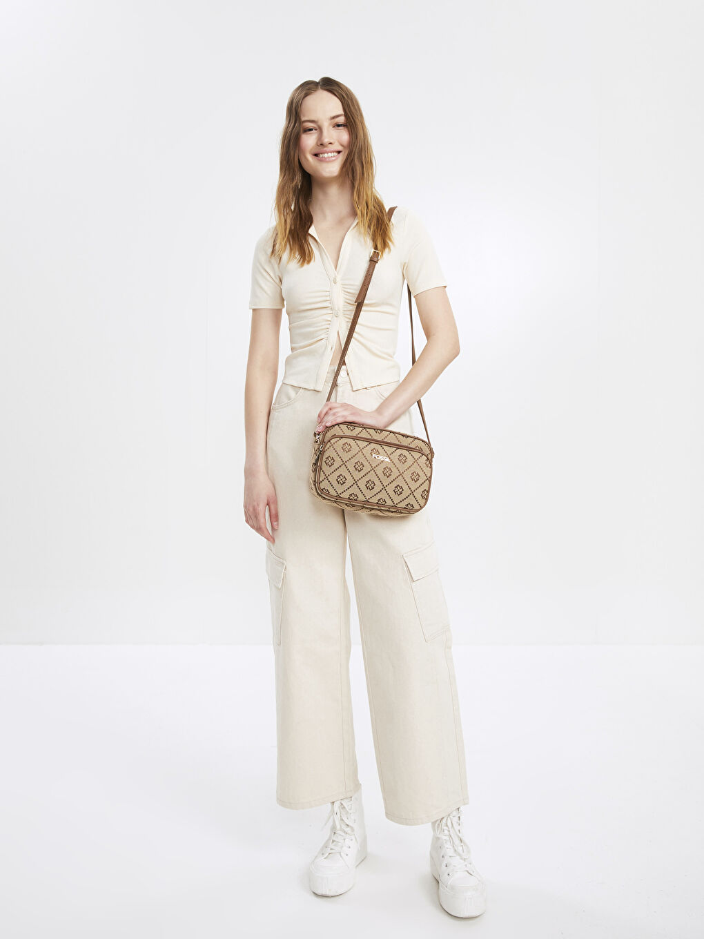 Kahverengi Fossil Desenli Kadın Çapraz Çanta-2