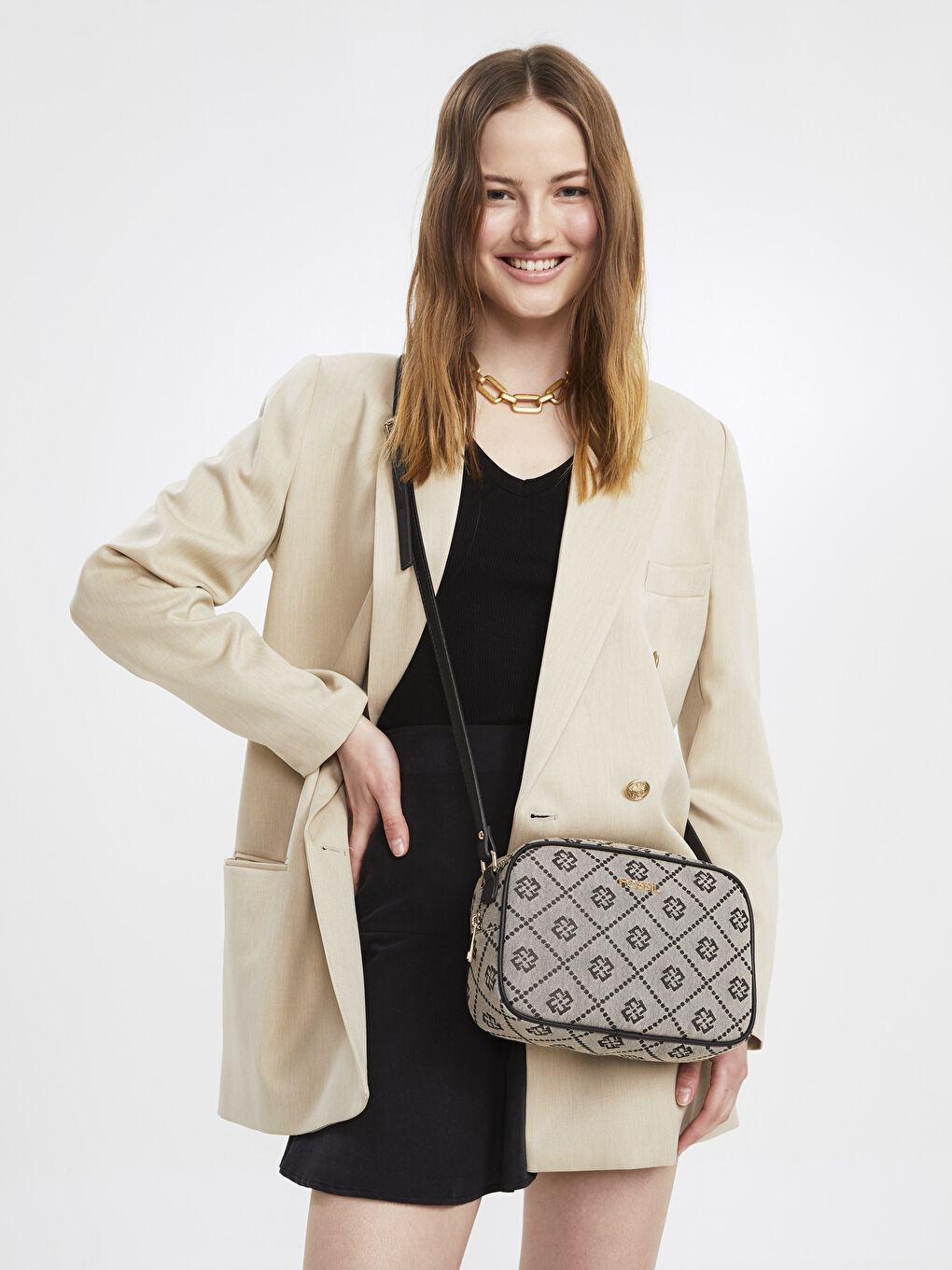 Bej Fossil Desenli Kadın Çapraz Çanta