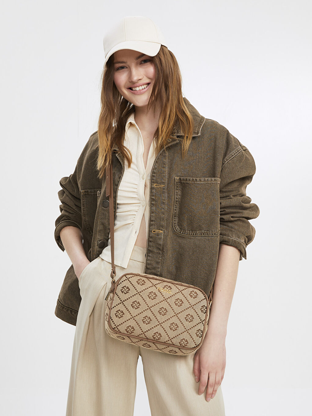 Kahverengi Fossil Desenli Kadın Çapraz Çanta