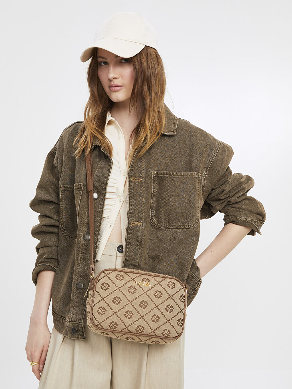 Kahverengi Fossil Desenli Kadın Çapraz Çanta-1