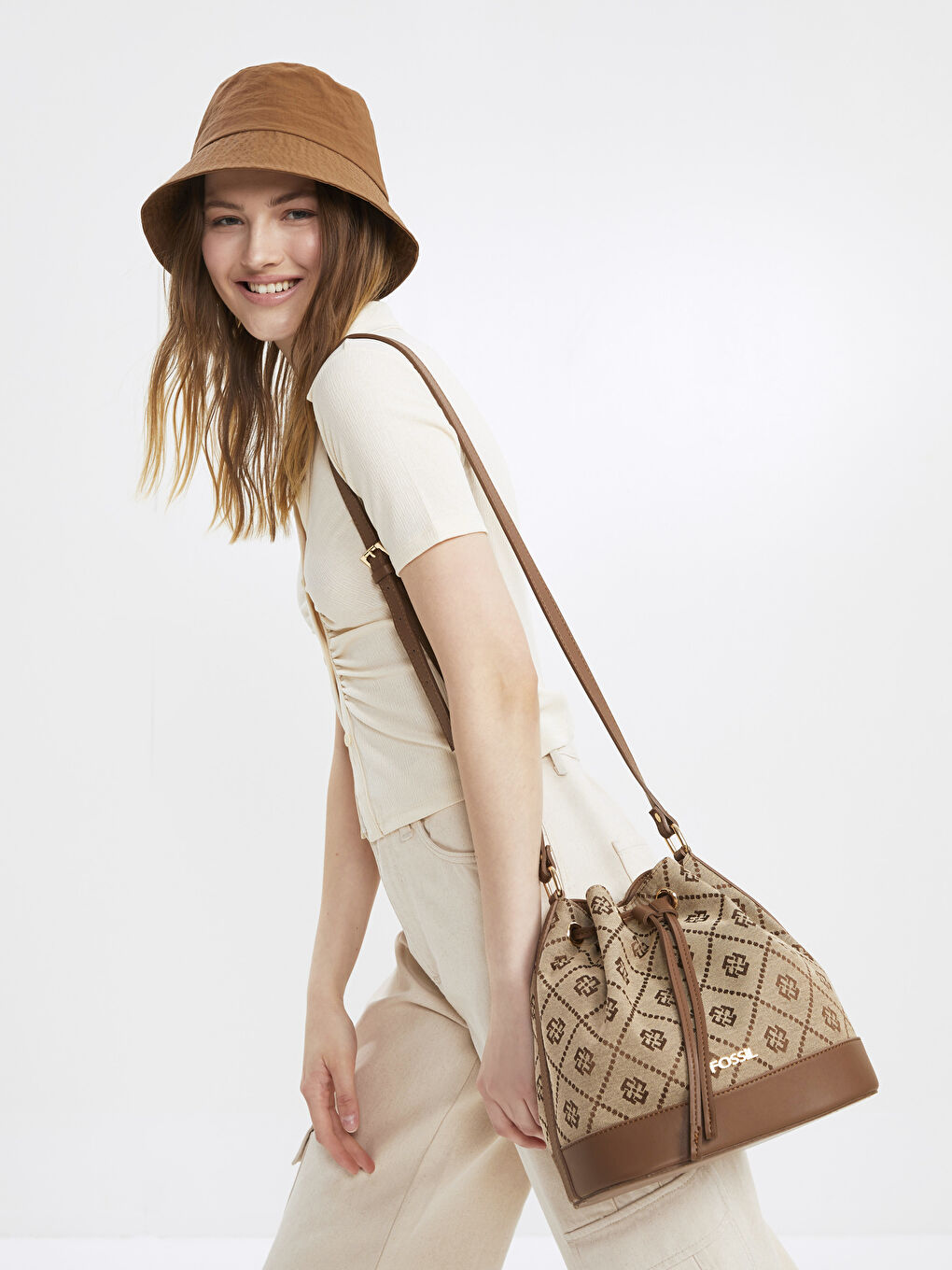 Kahverengi Fossil Desenli Kadın Büzgülü Çanta-2