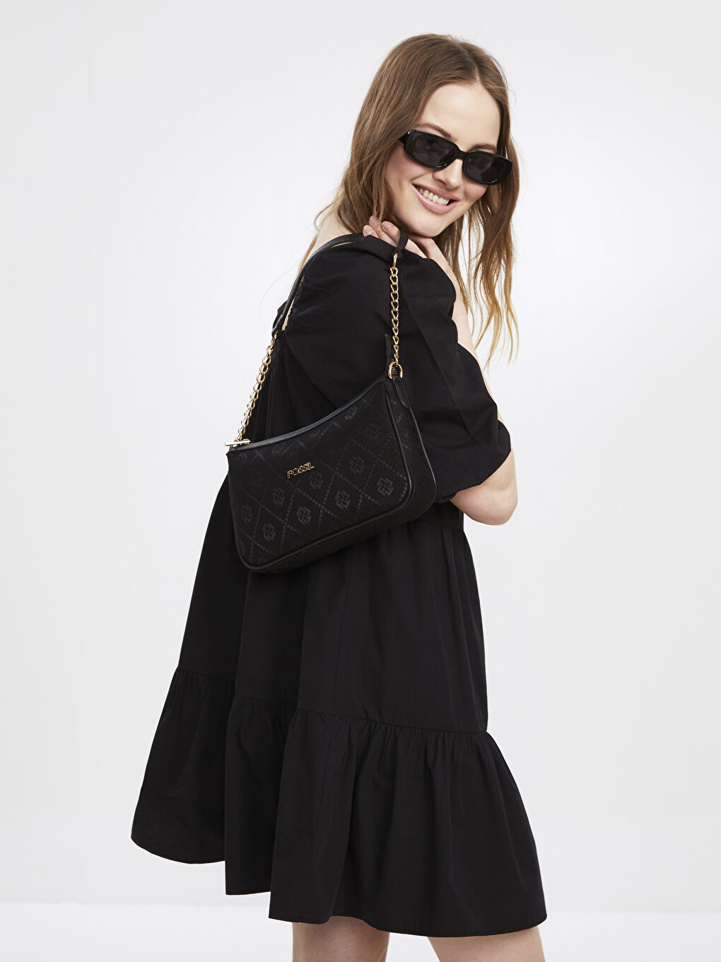 Siyah Fossil Desenli Kadın Omuz Çantası-1