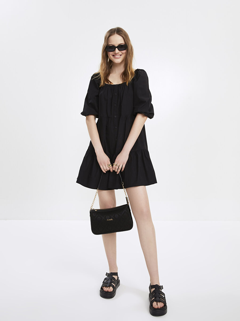 Siyah Fossil Desenli Kadın Omuz Çantası-2