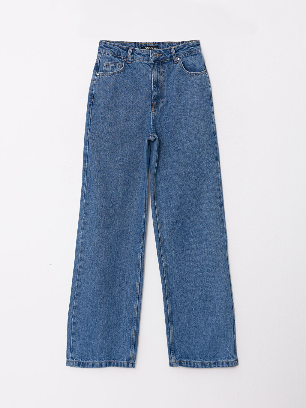 Mavi Yüksek Bel Wideleg Düz Cep Detaylı Kadın Jean Pantolon-5