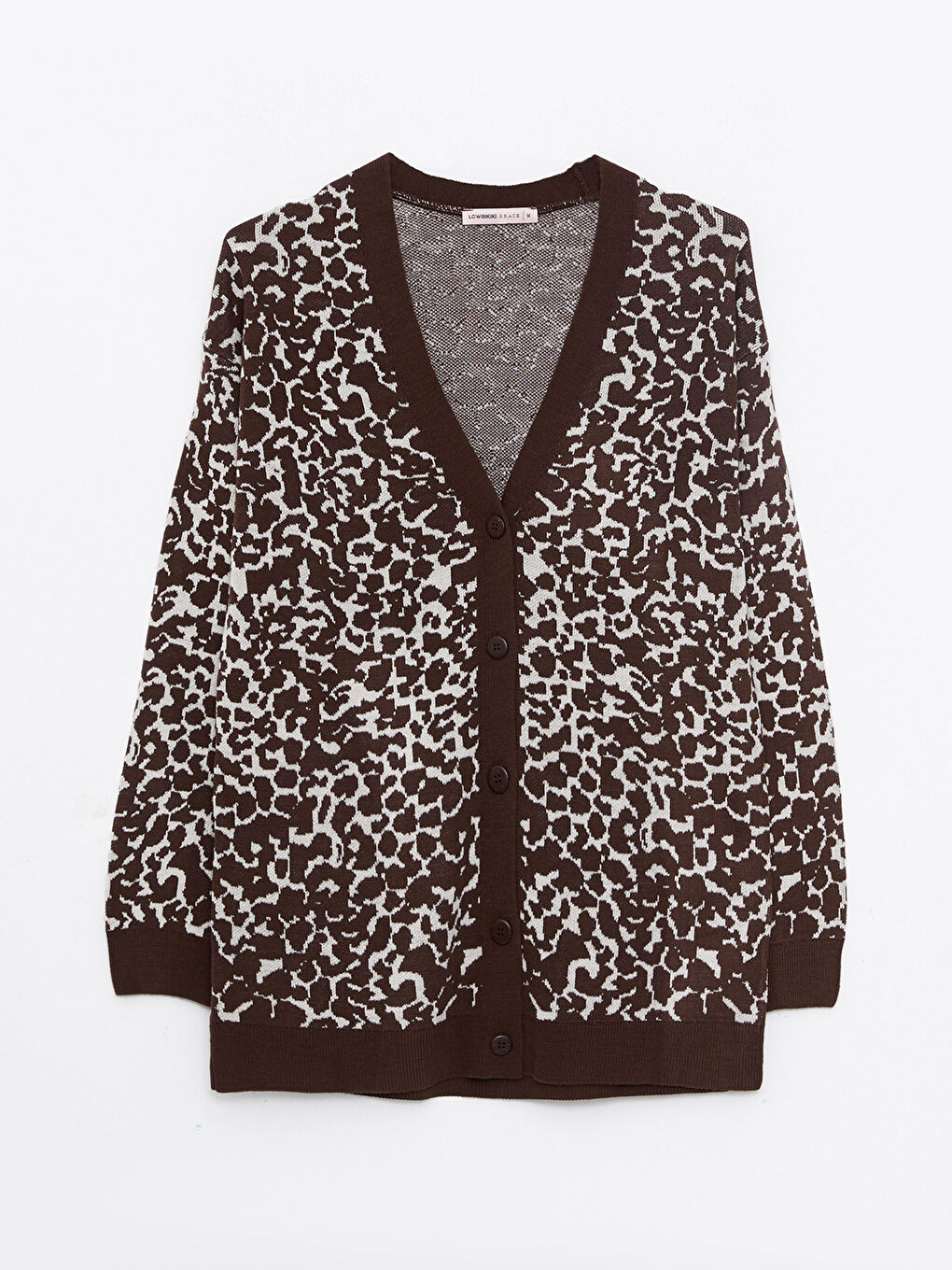 Kahverengi V Yaka Desenli Kadın Triko Hırka-5