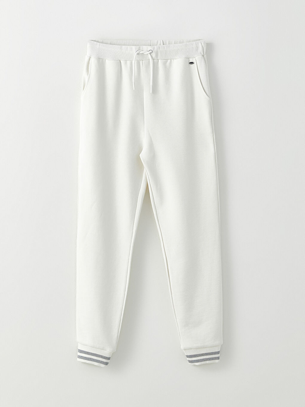 Beyaz Beli Lastikli Düz Pamuklu Kadın Kalın Jogger Eşofman Altı-7