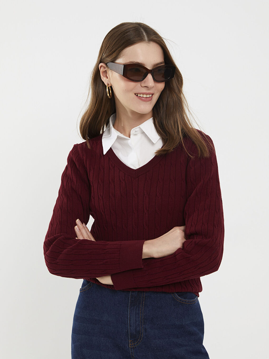 سترة تريكو بياقة على شكل حرف V وكم طويل منقوش للسيدات-1